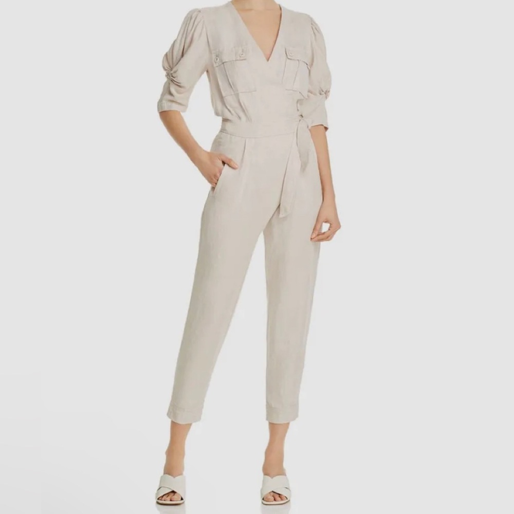 Joie Beige Linen Blend Twill Faux Wrap Bodice Leroy Jumpsuit S